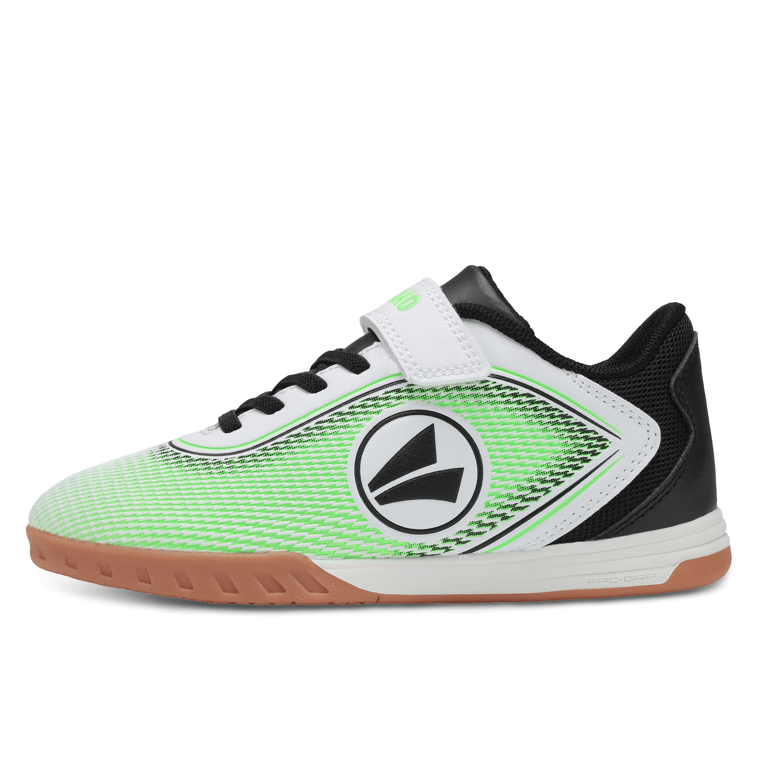 Weißer Kindersportschuh mit grünem Akzent und JAKO-Logo