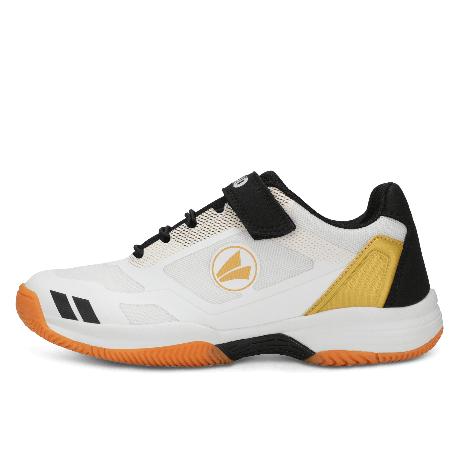 Kindersportschuh in Weiß mit orange und schwarzen Details und JAKO-Logo