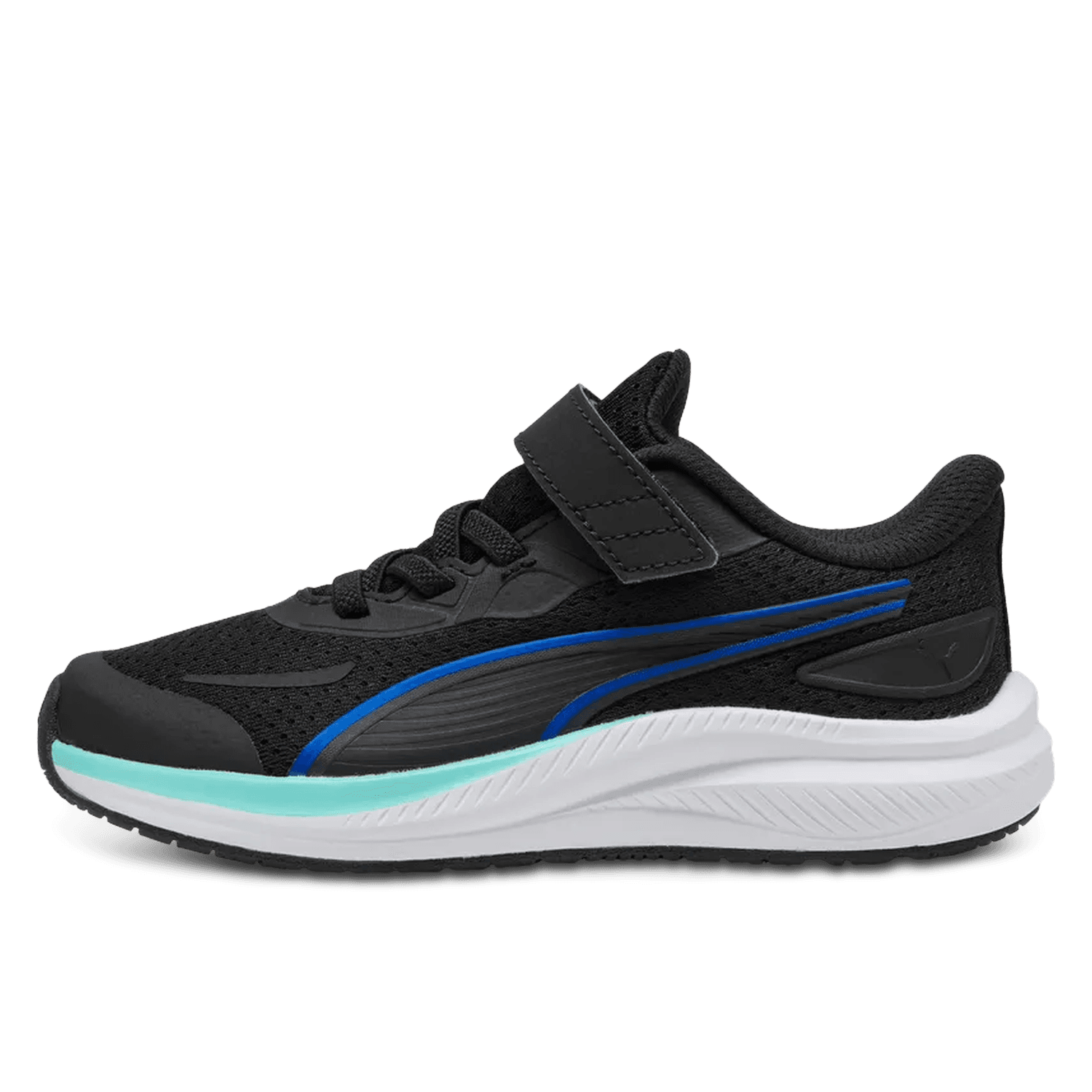 Black athletic shoe with blue accents, white and light blue sole, Velcro strap, and mesh upper.