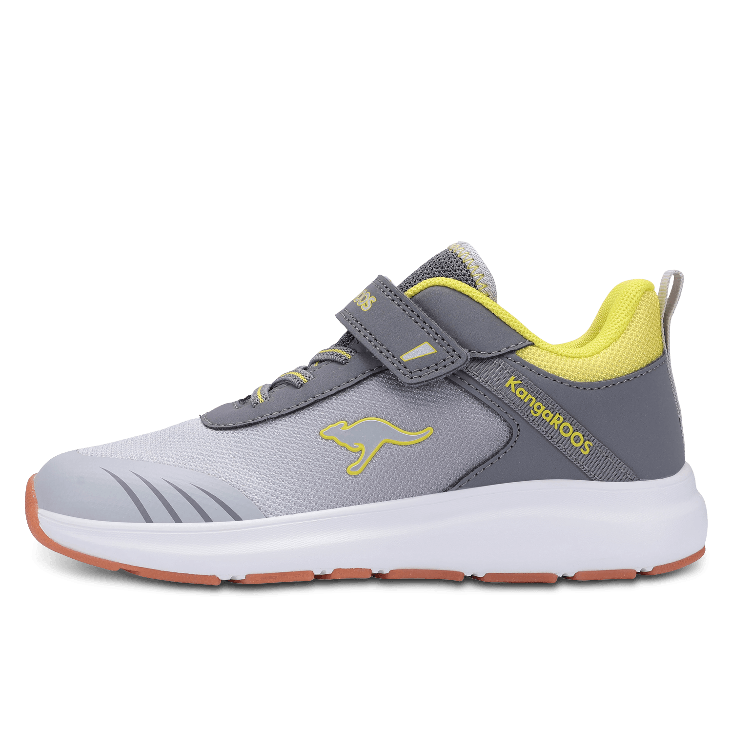 Grauer Kinderschuh mit gelbem Akzent und Kangaroos-Logo
