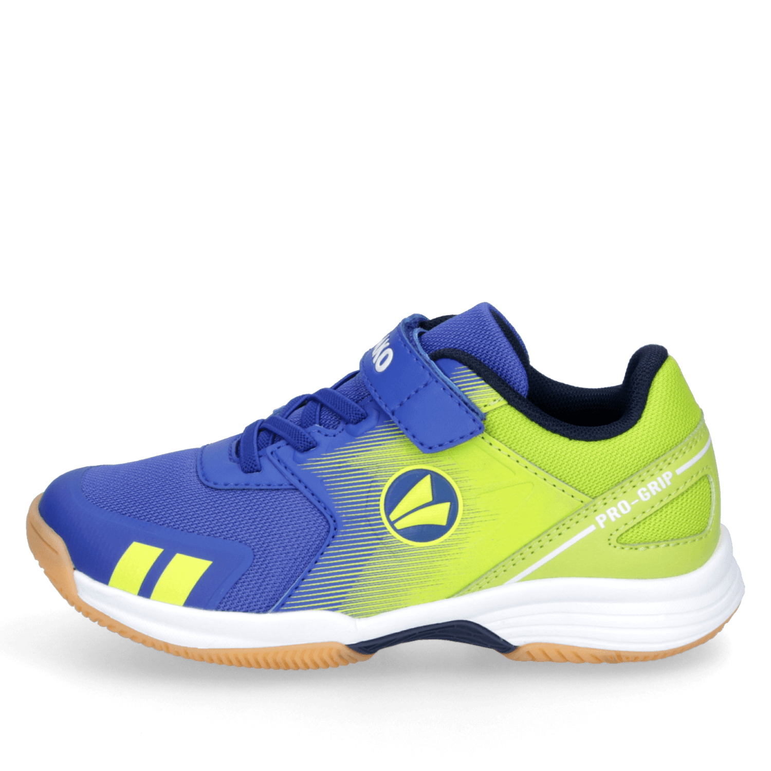 Blauer Kindersportschuh mit neon-gelbem Muster und JAKO-Logo