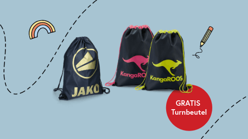 Three drawstring bags, two with "KangaROOS" logos and one with "JAKO," on a blue background with a rainbow, pencil, and "GRATIS Turnbeutel" text.