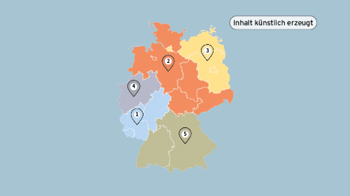 Colored map of Germany divided into sections with numbered markers. Text in German reads, "Inhalt künstlich erzeugt," meaning "Content artificially generated."