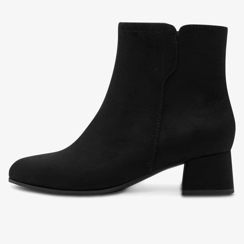 Black suede ankle boot with a low block heel, side view against a plain background.