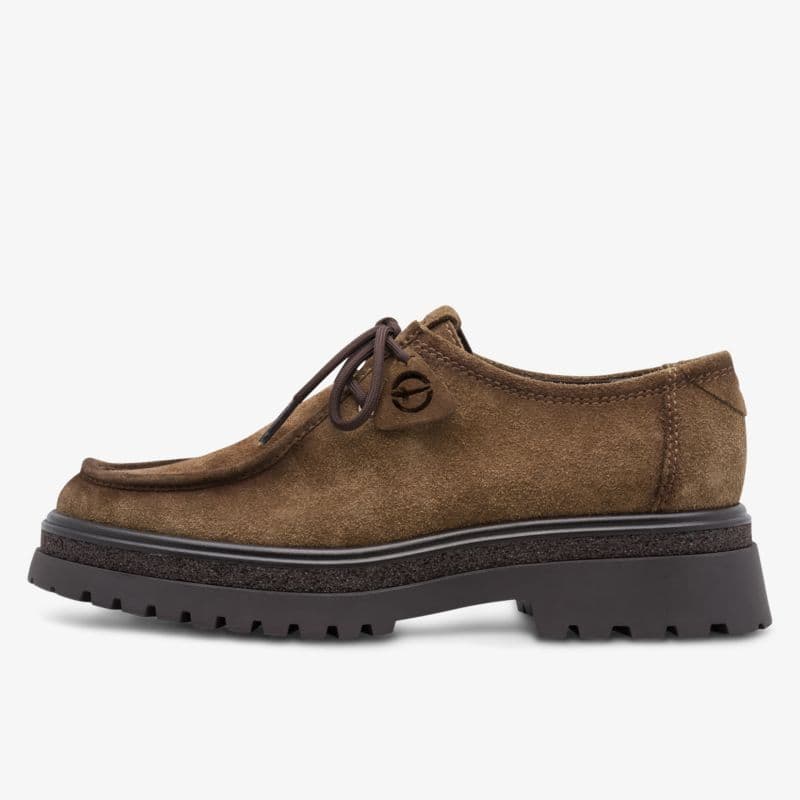Brown suede lace-up shoe with a thick, ridged black sole, featuring a small logo on the side.