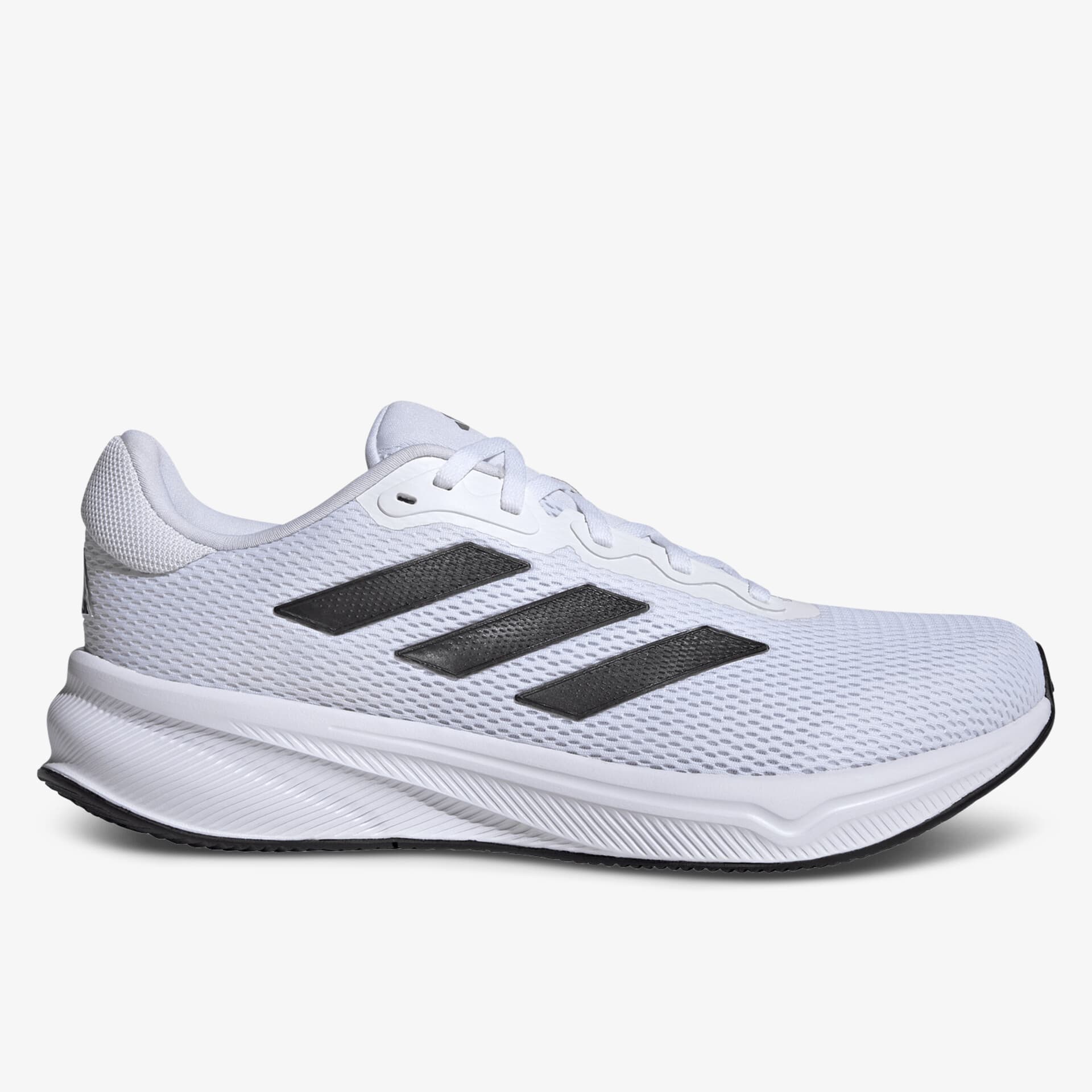 Leichter weißer Laufschuh mit atmungsaktivem Obermaterial und strapazierfähiger, bequemer Sohle seitliche Ansicht