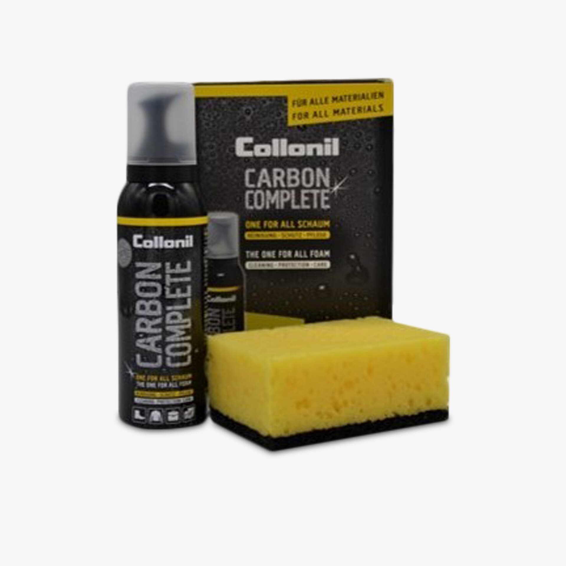 Effektiver Schuhreiniger und Pflegeset für alle Materialien, bestehend aus Spray und Schwamm für perfekte Reinigung.