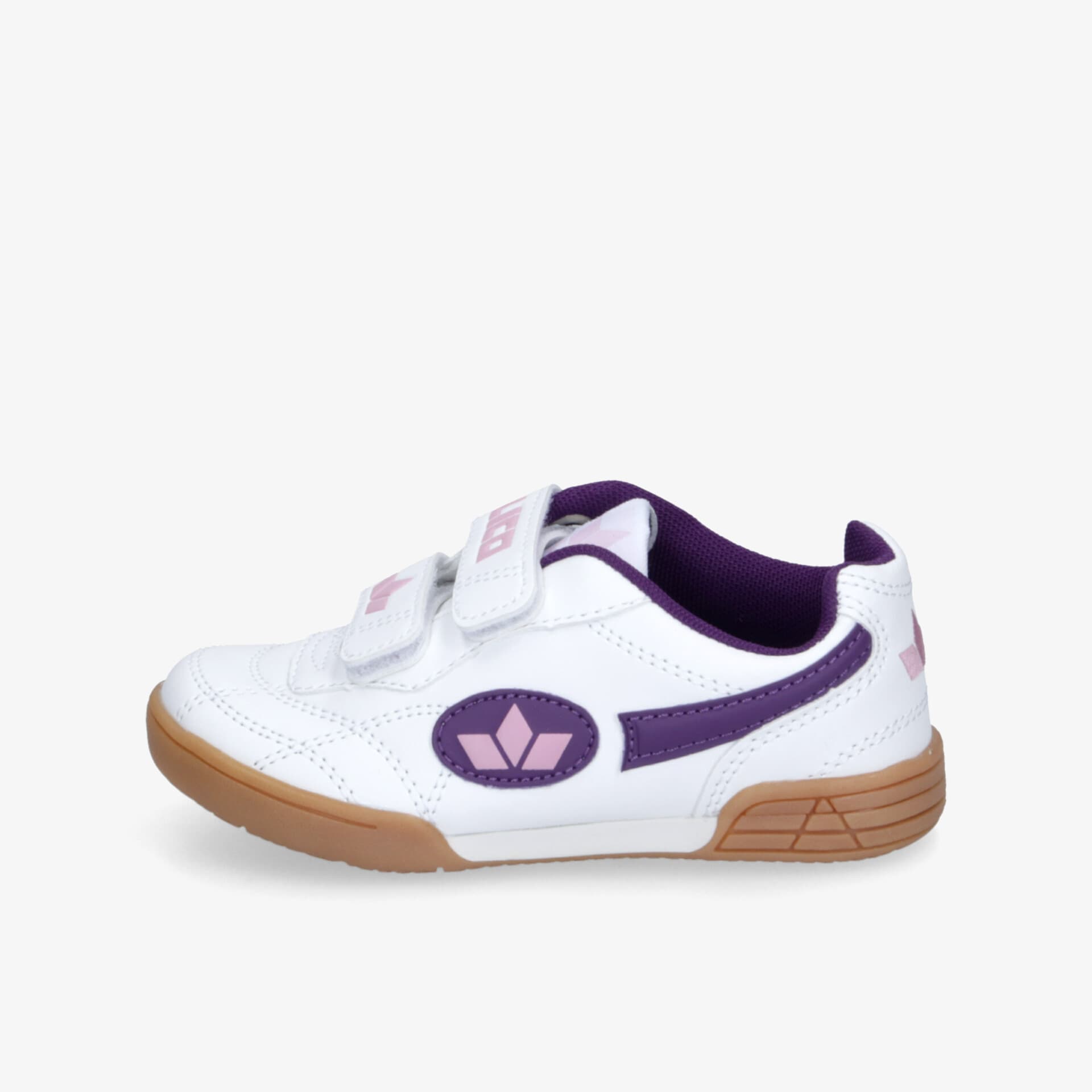 Weißer Schuh mit violetten Details und praktischen Klettverschlüssen, flexible und rutschfeste Sohle für Komfort beim Tragen