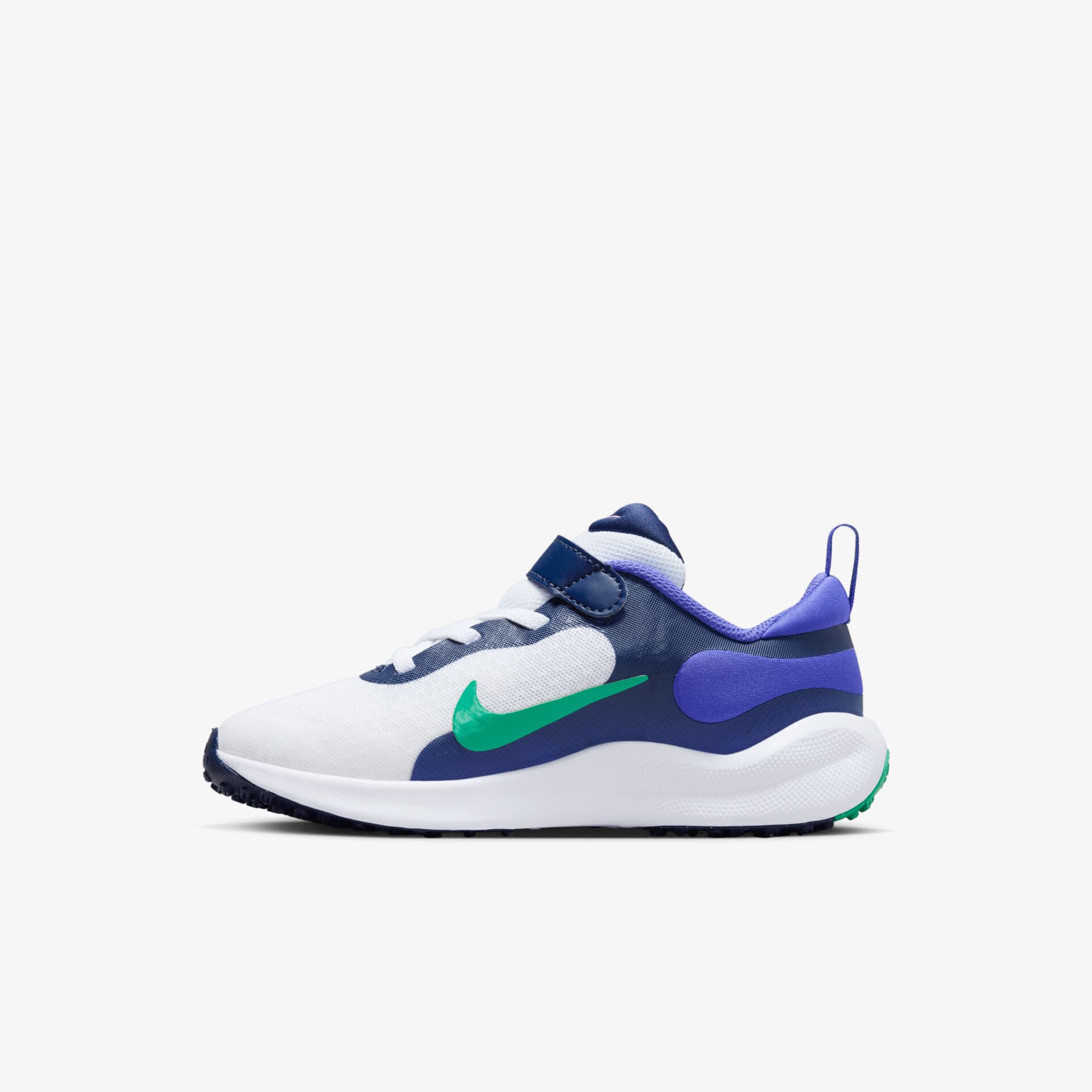 Moderner Sportlaufschuh in Blau-Weiß mit grünem Akzent, leichter und bequemer Schuh mit gepolsterter Sohle