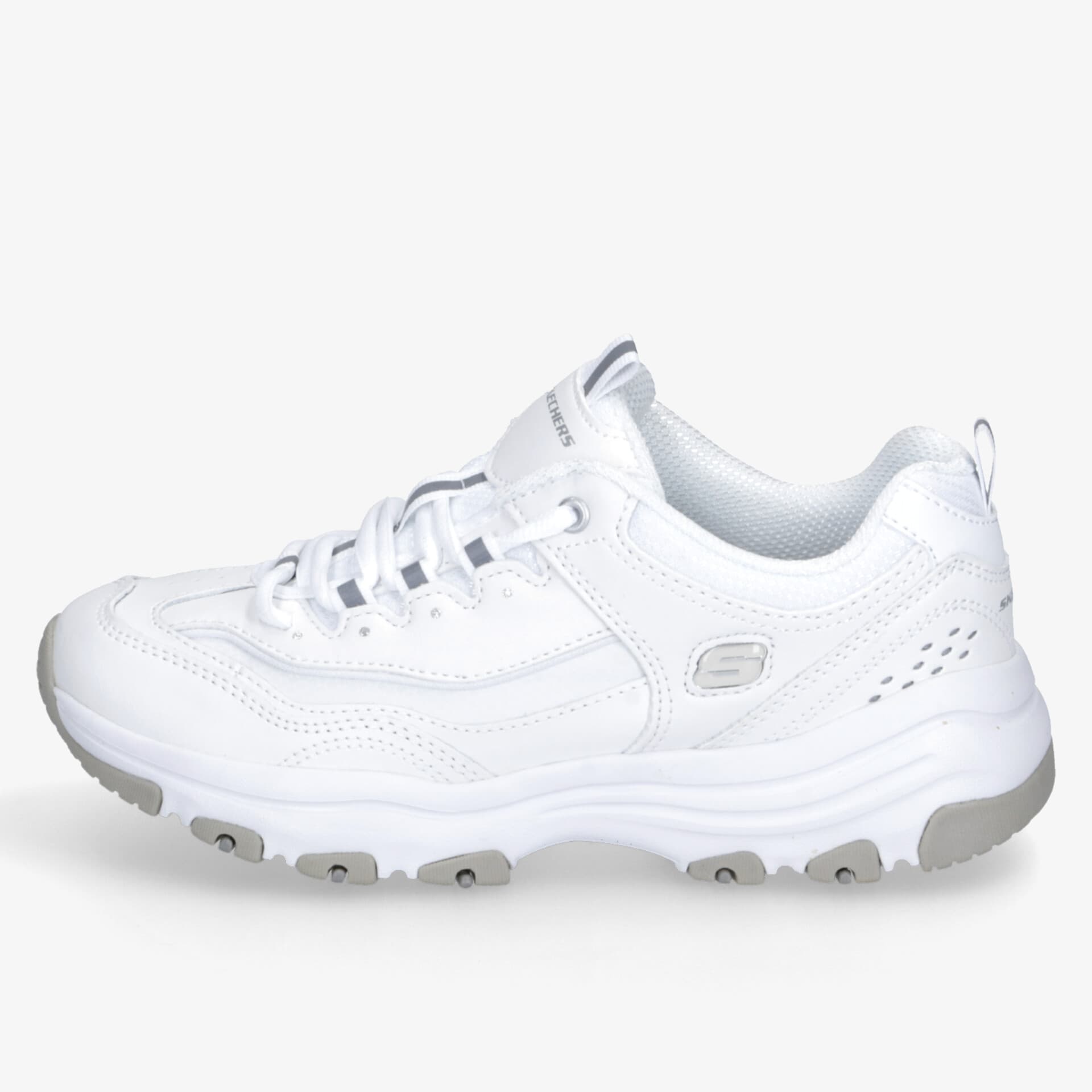 Weißer sportlicher Schuh mit robuster Sohle und bequemer, atmungsaktiver Passform in seitlicher Ansicht