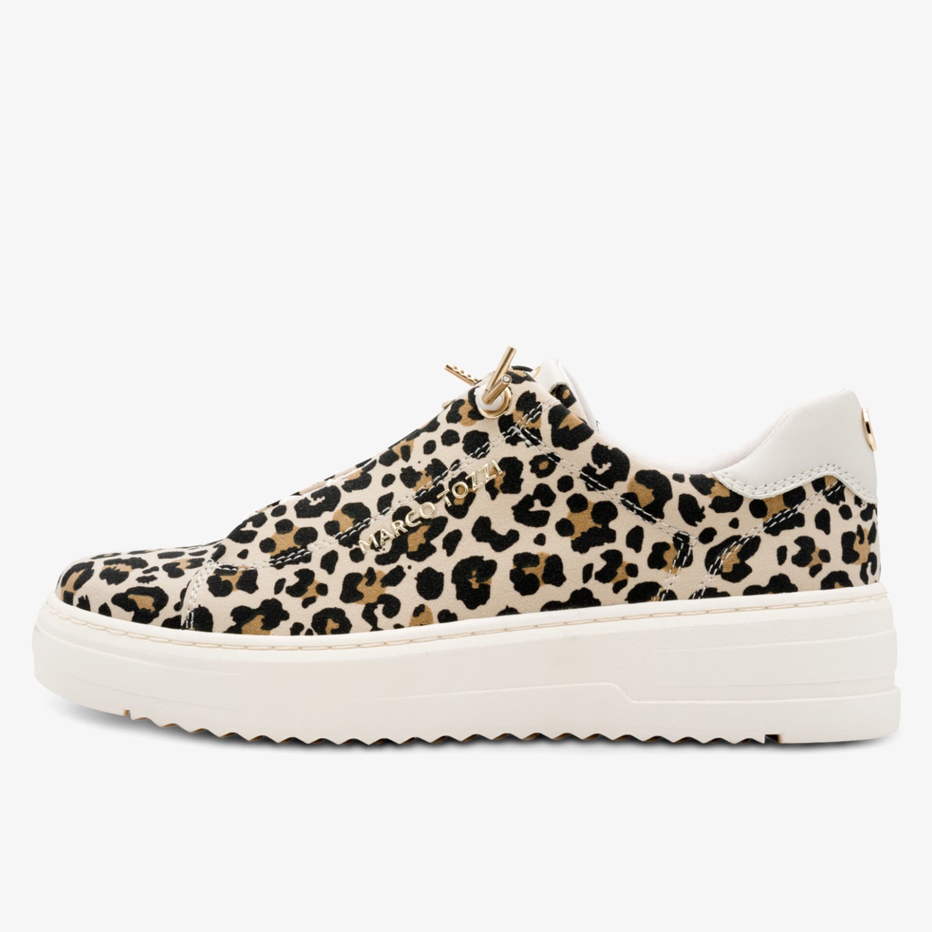 Seitliche Ansicht eines modischen Schuhs mit Plateau-Sohle und trendigem Leopardenmuster