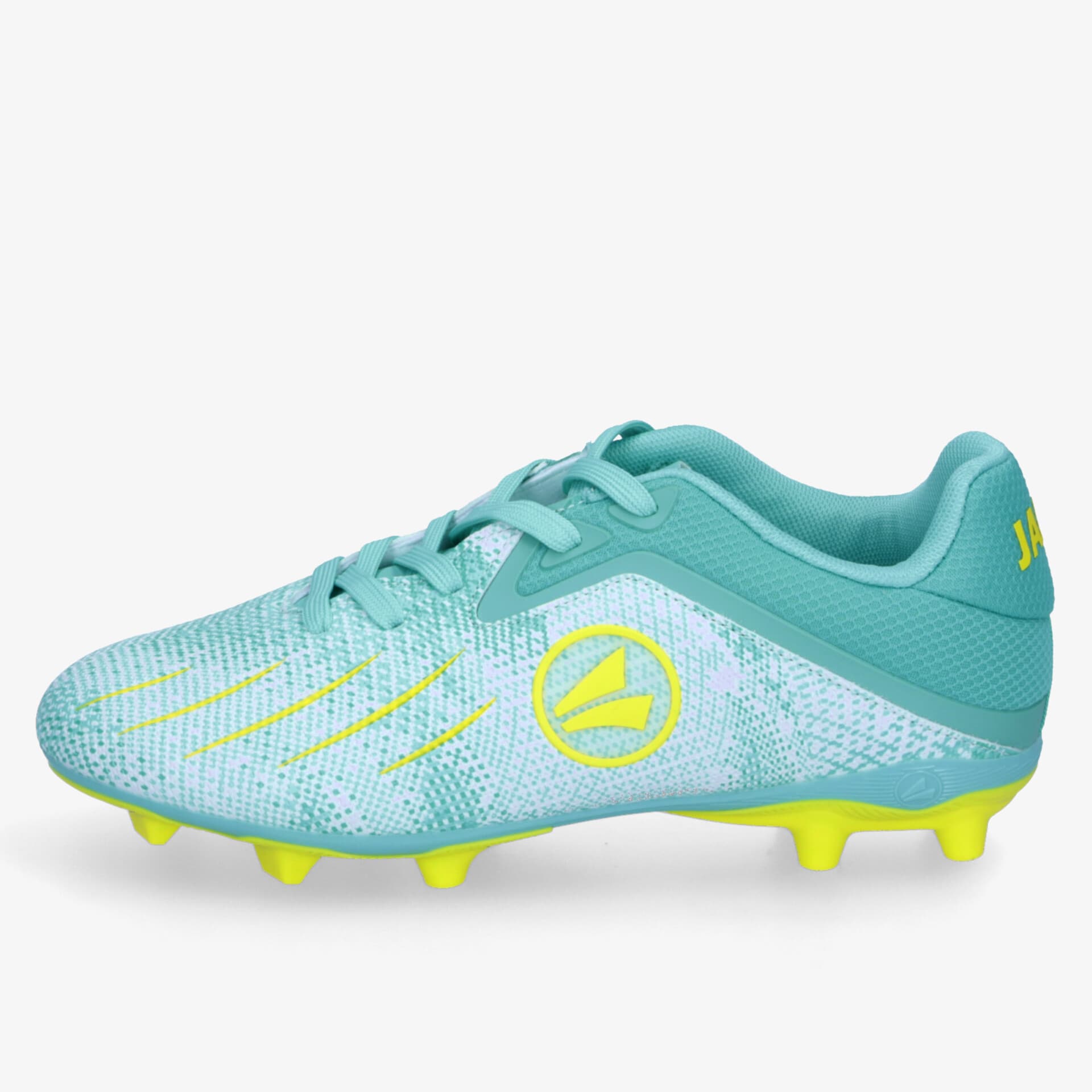 Leichter, atmungsaktiver Fußballschuh in Türkis mit gelben Noppen und dynamischem Design, ideal für optimalen Halt