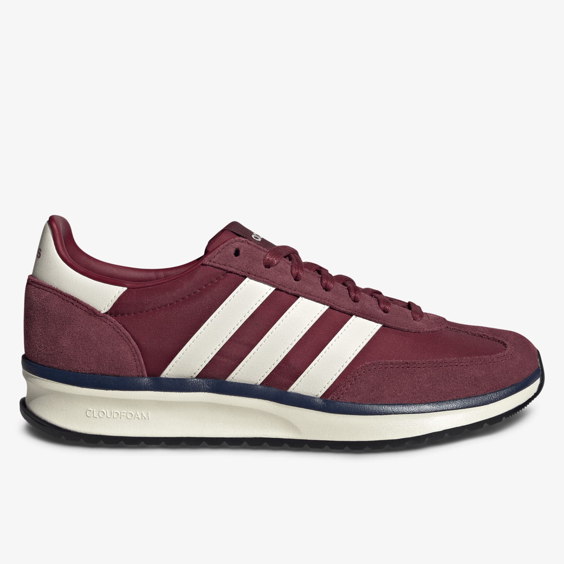 Seitliche Ansicht eines stylischen, bequemen Sneaker mit weißen Streifen und robustem Profil