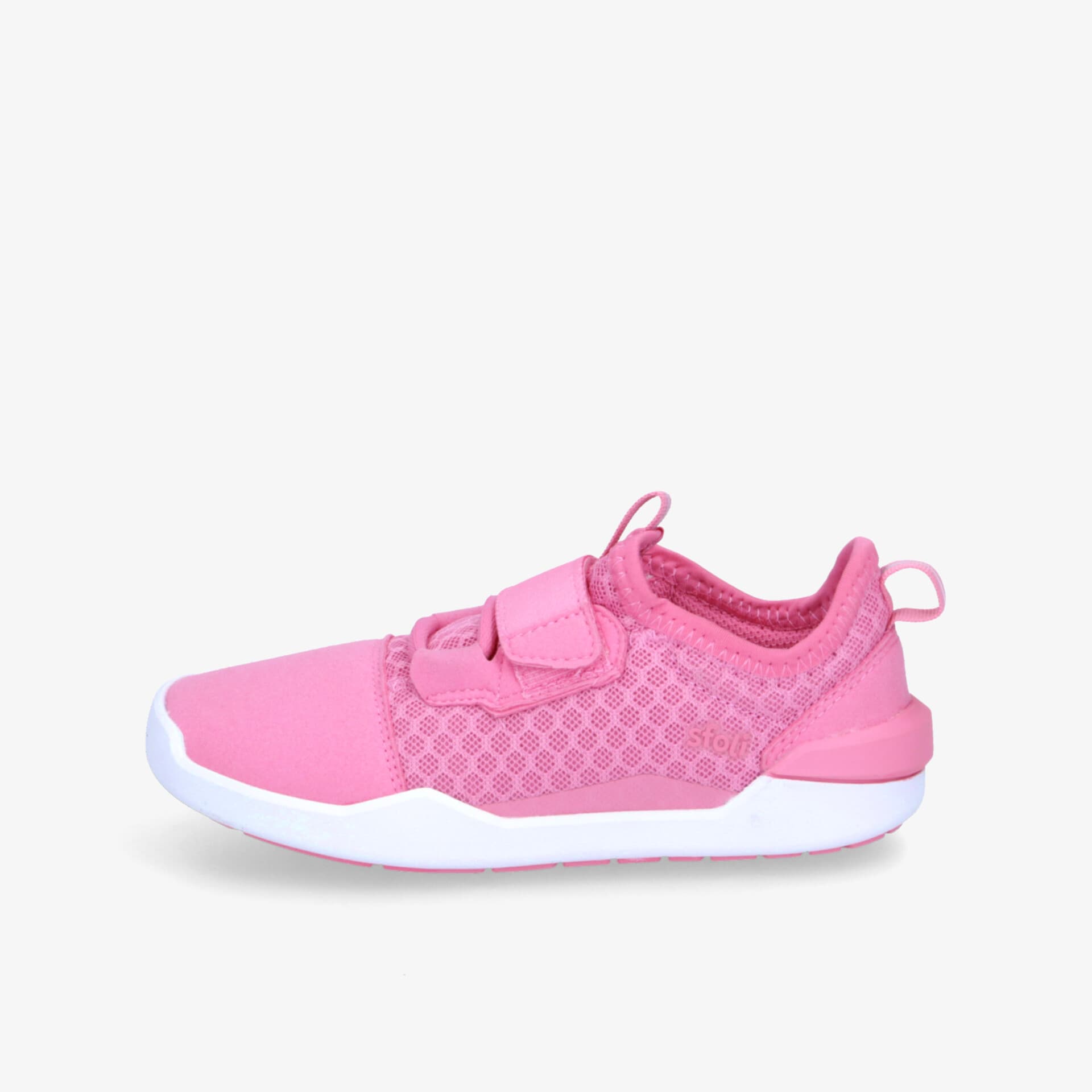 Seitliche Ansicht eines leichten, atmungsaktiven Sportschuhs mit elastischem Obermaterial und rutschfester Sohle in Pink